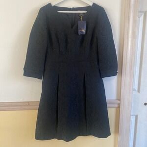 Brooks Brothers Women Black Lace Jacquard V Neck Pleated 3/4 Sleeve Dress Size 6